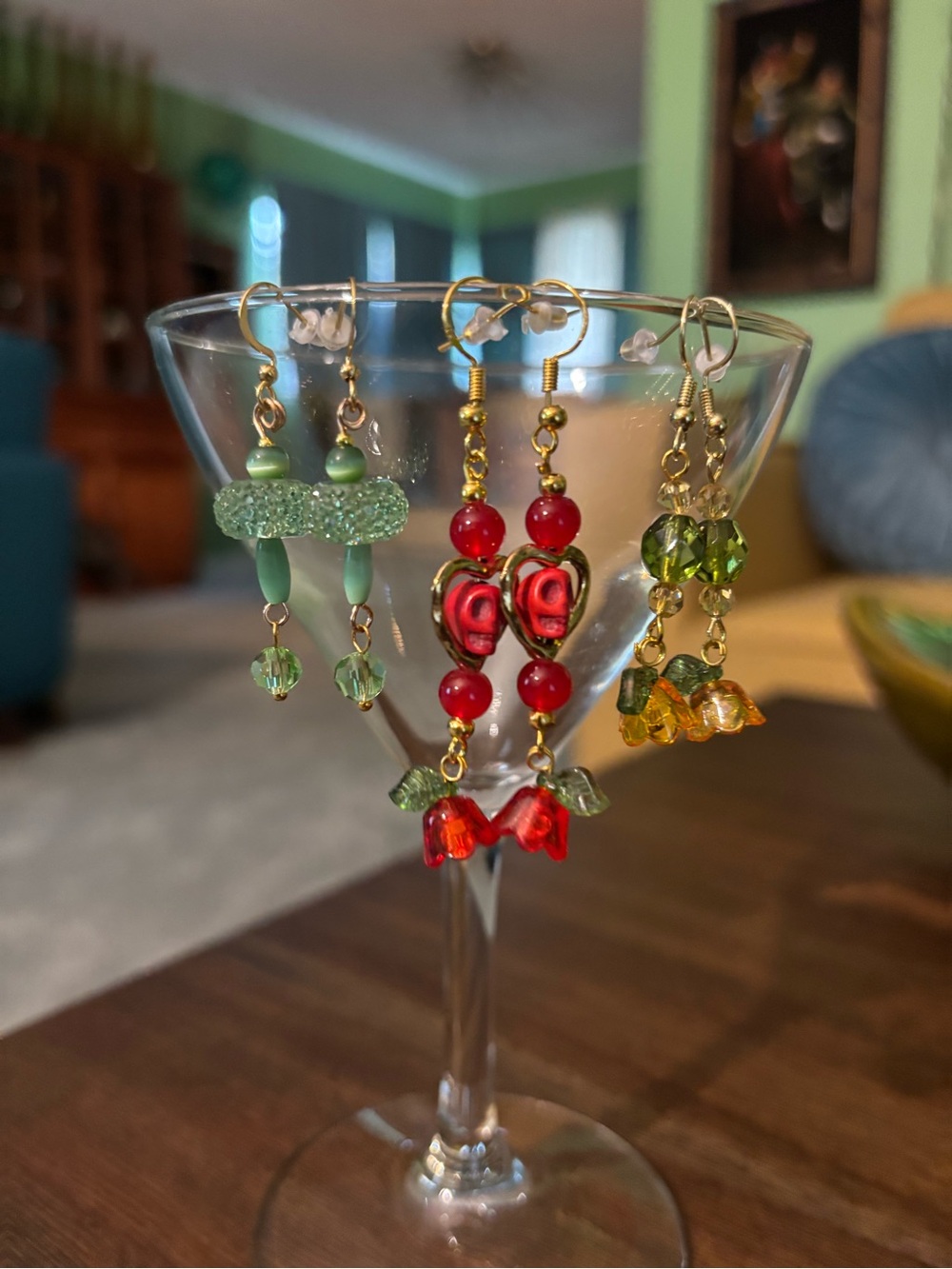 Handmade Red & Green Beaded Dangle Earrings Set